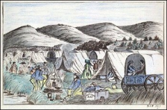 Лагерь переселенцев на "Калифорнийской тропе" (рисунок Даниэля Дженкса, 1859 год)